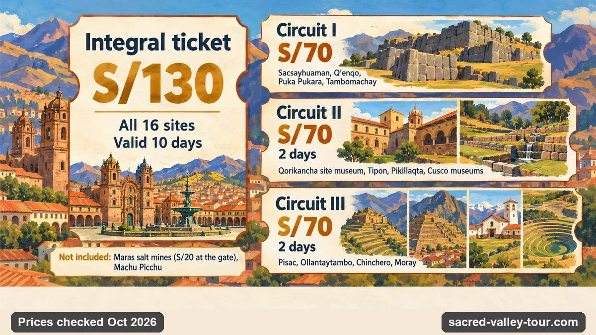 Infographic of the Cusco tourist ticket: the integral ticket at S/130 for 16 sites over 10 days, and the three partial circuits at S/70, with Circuit III covering Pisac, Ollantaytambo, Chinchero and Moray
