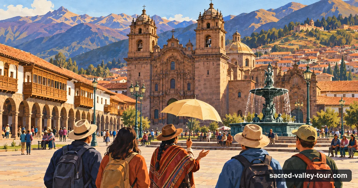 Small group on a free walking tour of the Plaza de Armas, Cusco