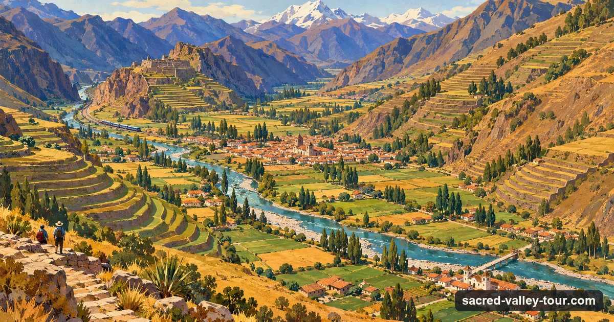 Illustration of the Sacred Valley seen from above: the river winding through green fields, terraced slopes and a small Inca town at the end of the road
