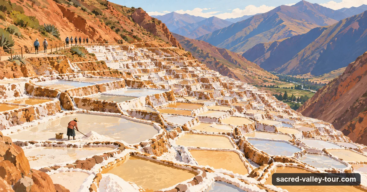 Illustration of the Maras salt pans on a hillside, with a few small visitors on the path above