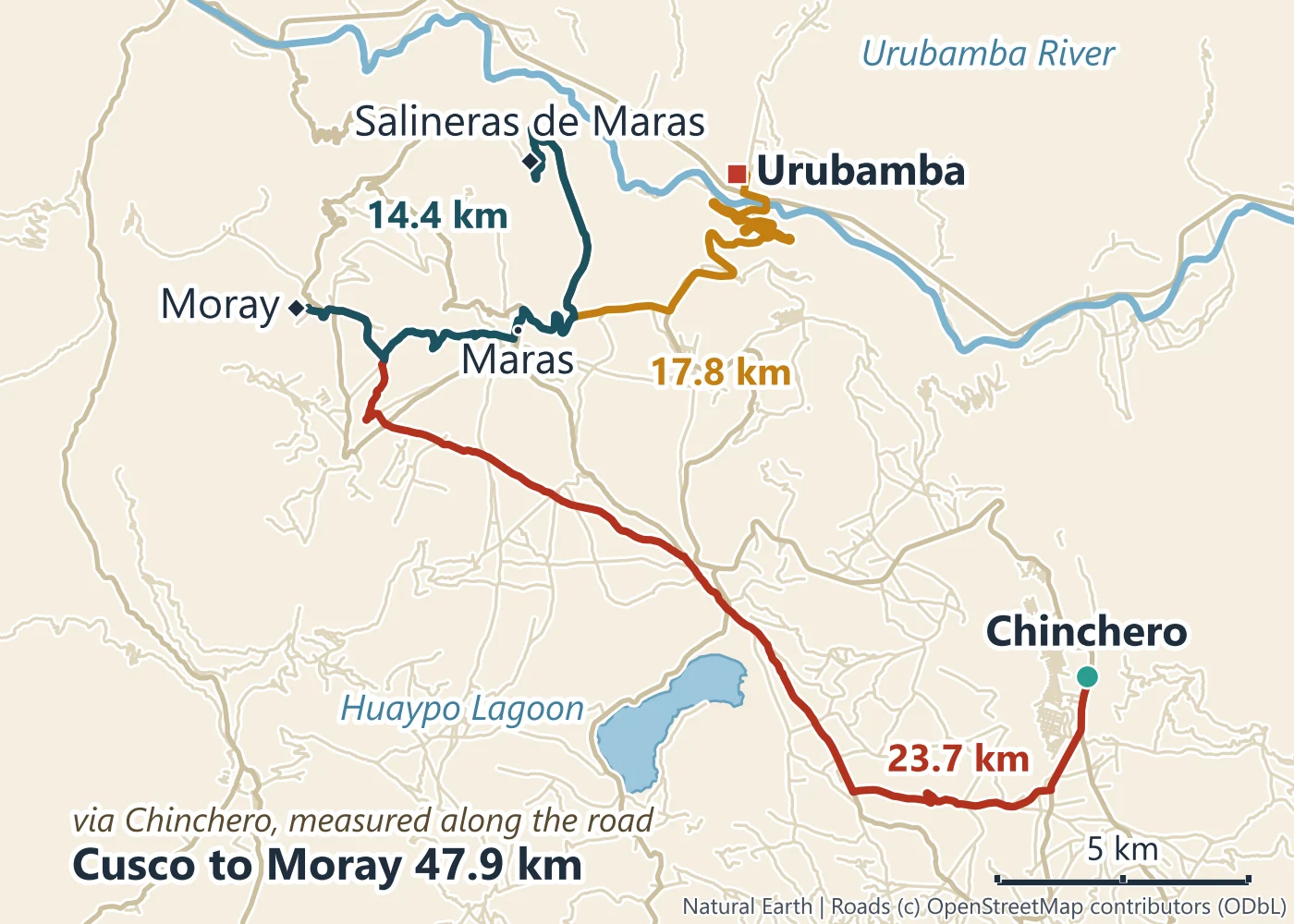 Map of the plateau above the Sacred Valley with Chinchero, Maras village, the Moray terraces and the Maras salt mines above Urubamba