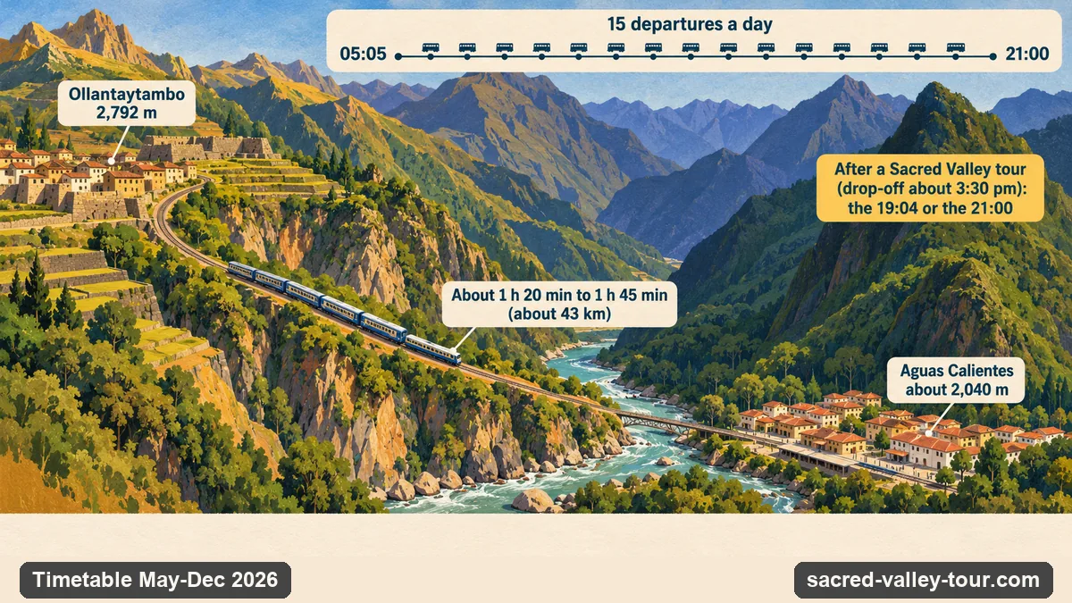 Infographic of the Ollantaytambo to Machu Picchu train: departures through the day, the ride of about an hour and a half to Aguas Calientes, and the altitudes of the two stations