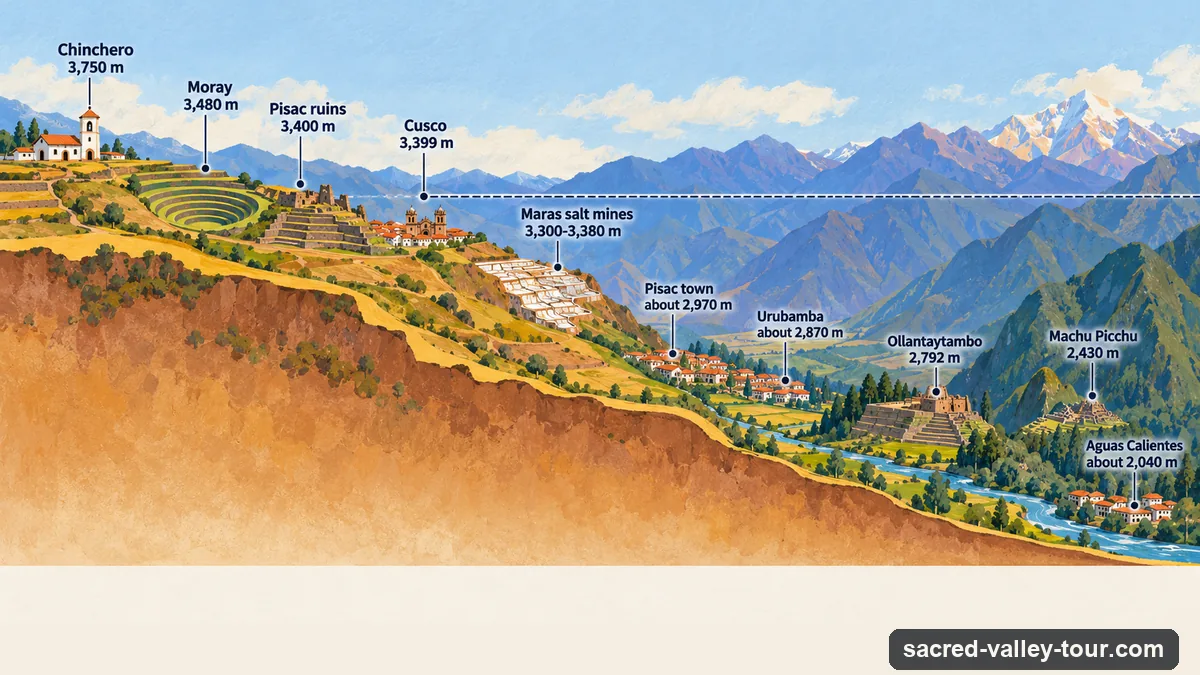 Infographic: altitude profile of the Sacred Valley from Cusco at 3,399 m through Pisac, Urubamba, Ollantaytambo, Moray, Maras and Chinchero, with Aguas Calientes and Machu Picchu lower down