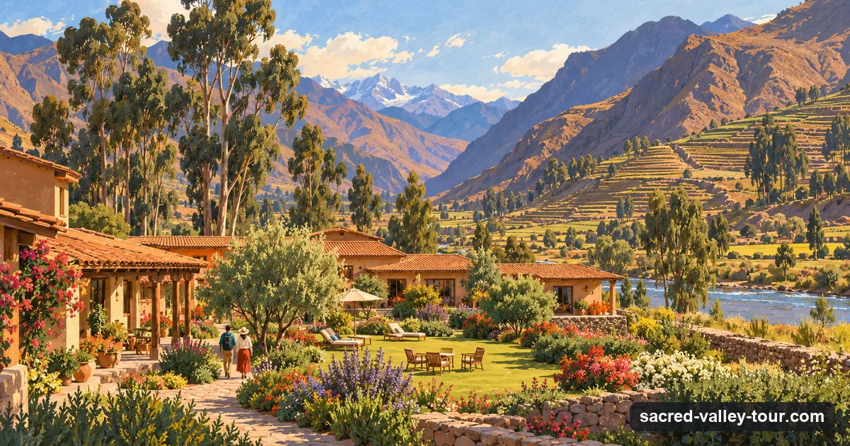 Illustration of a garden hotel on the Sacred Valley floor with terraced mountains behind and the river below